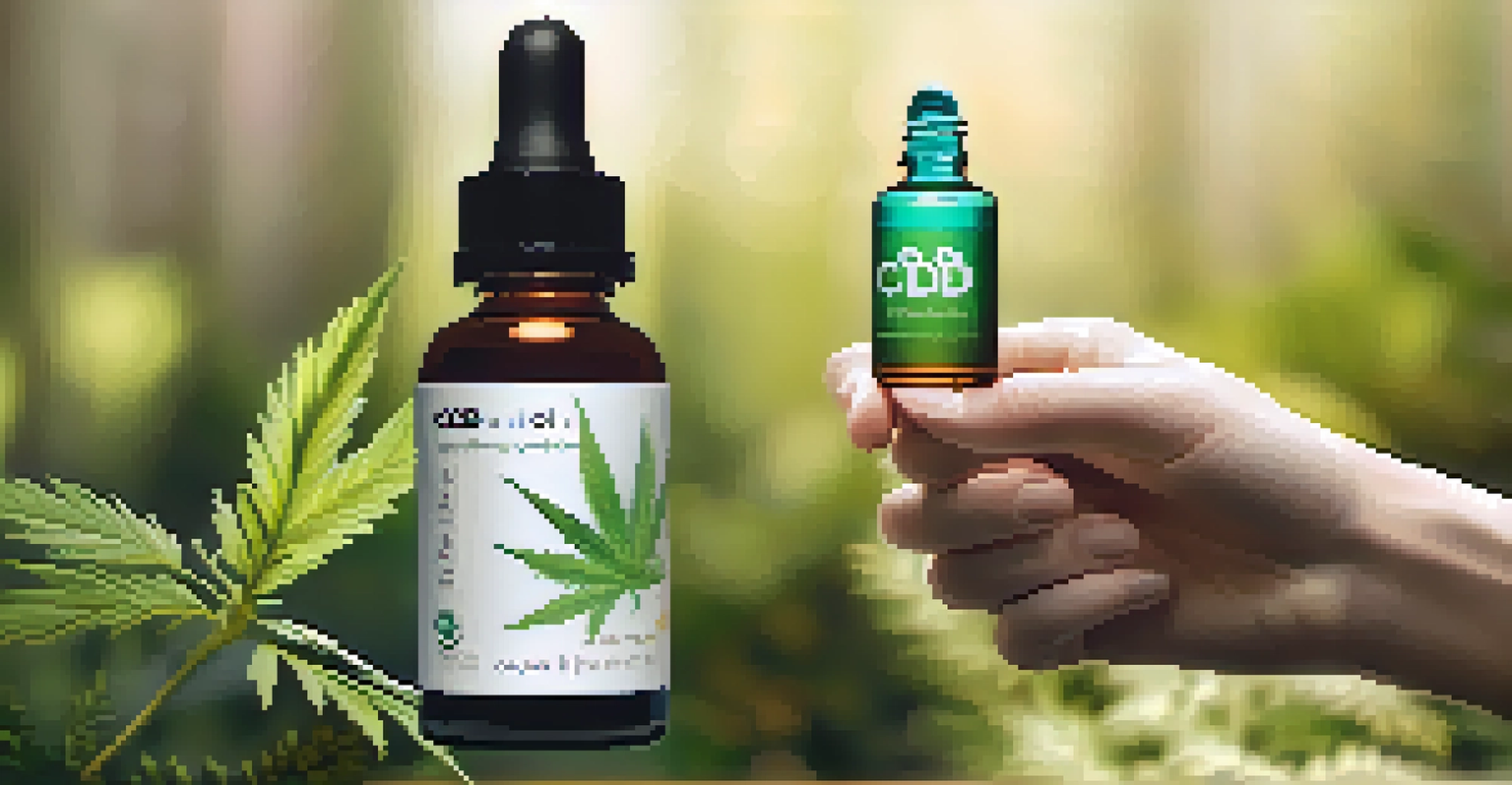Close-up of a hand holding a dropper bottle of CBD oil with green plants in the background.