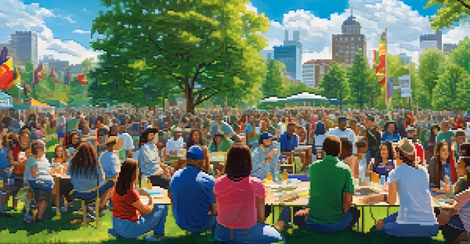 A community gathering in a park with diverse people discussing marijuana legalization, colorful banners, and a sunny sky.