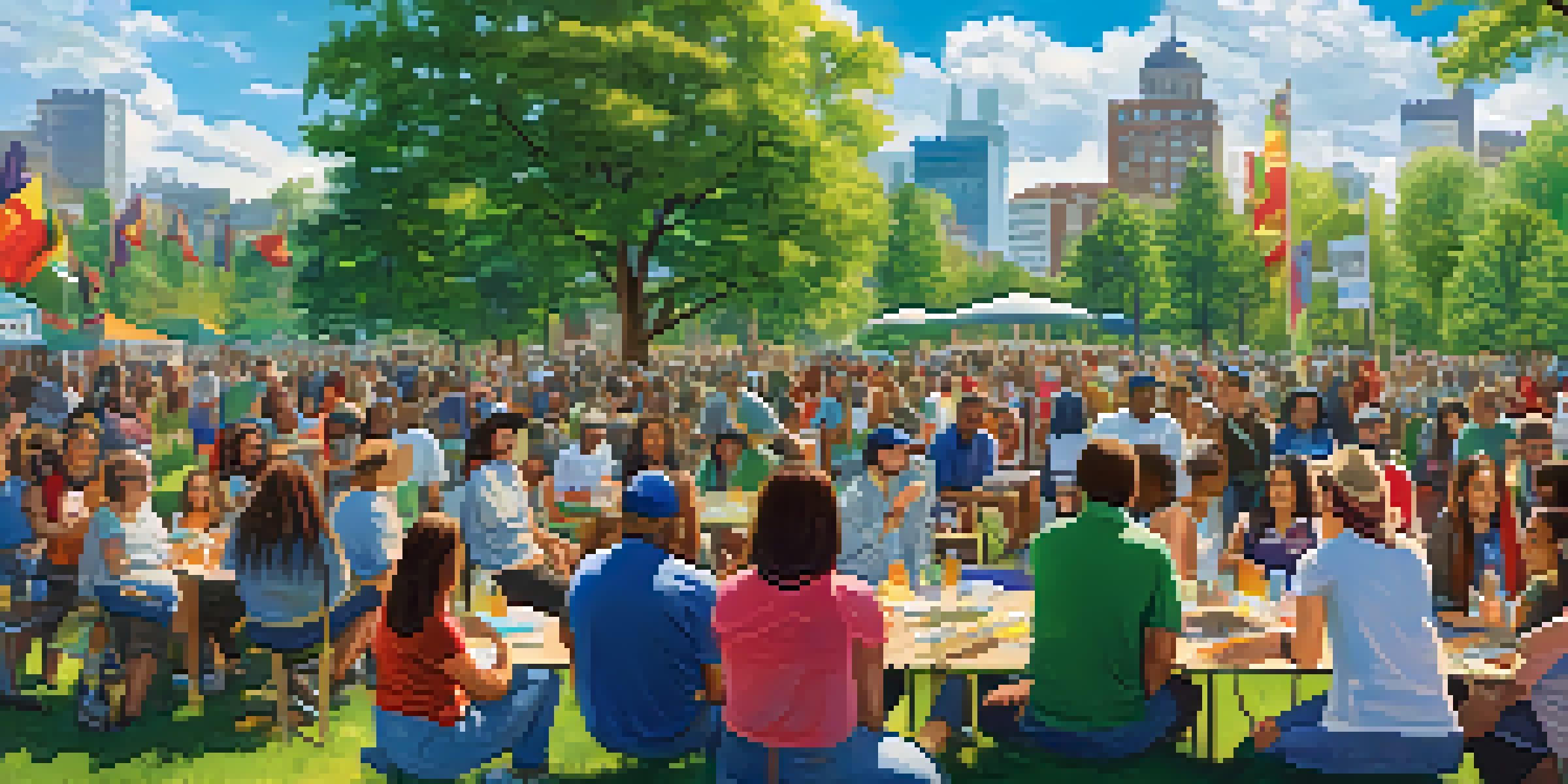 A community gathering in a park with diverse people discussing marijuana legalization, colorful banners, and a sunny sky.