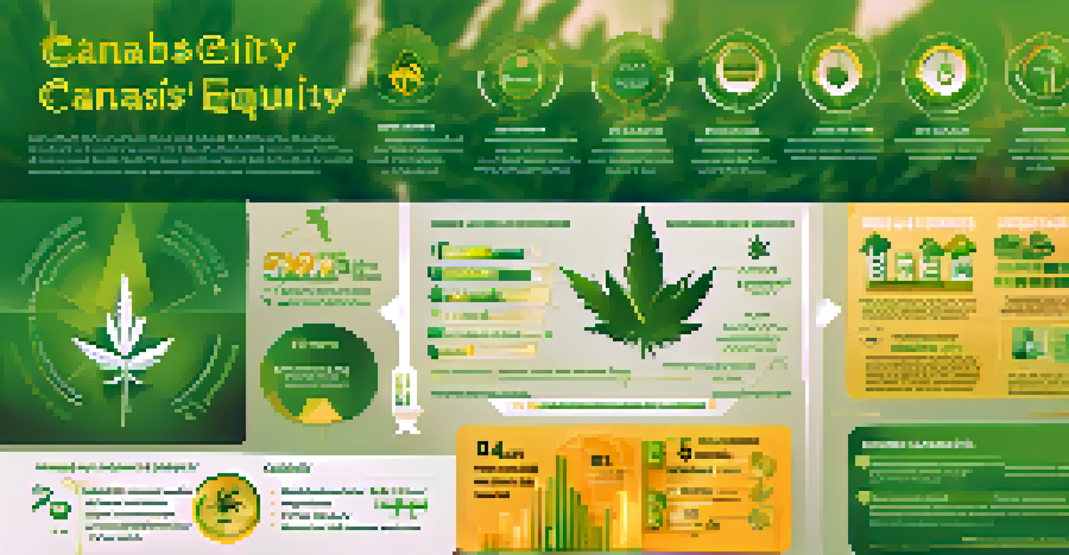 An infographic illustrating statistics on cannabis social equity, with icons and bold text on a green and gold background.