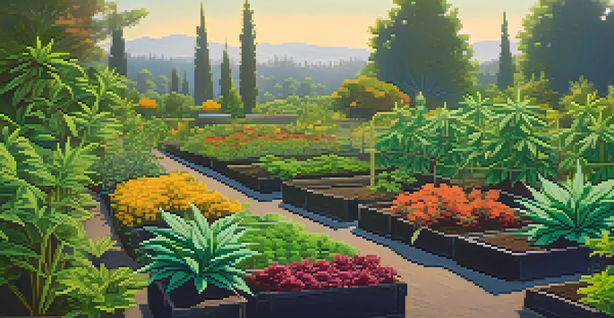 An organic marijuana garden filled with healthy green plants under morning sunlight, with colorful companion plants and visible compost piles.