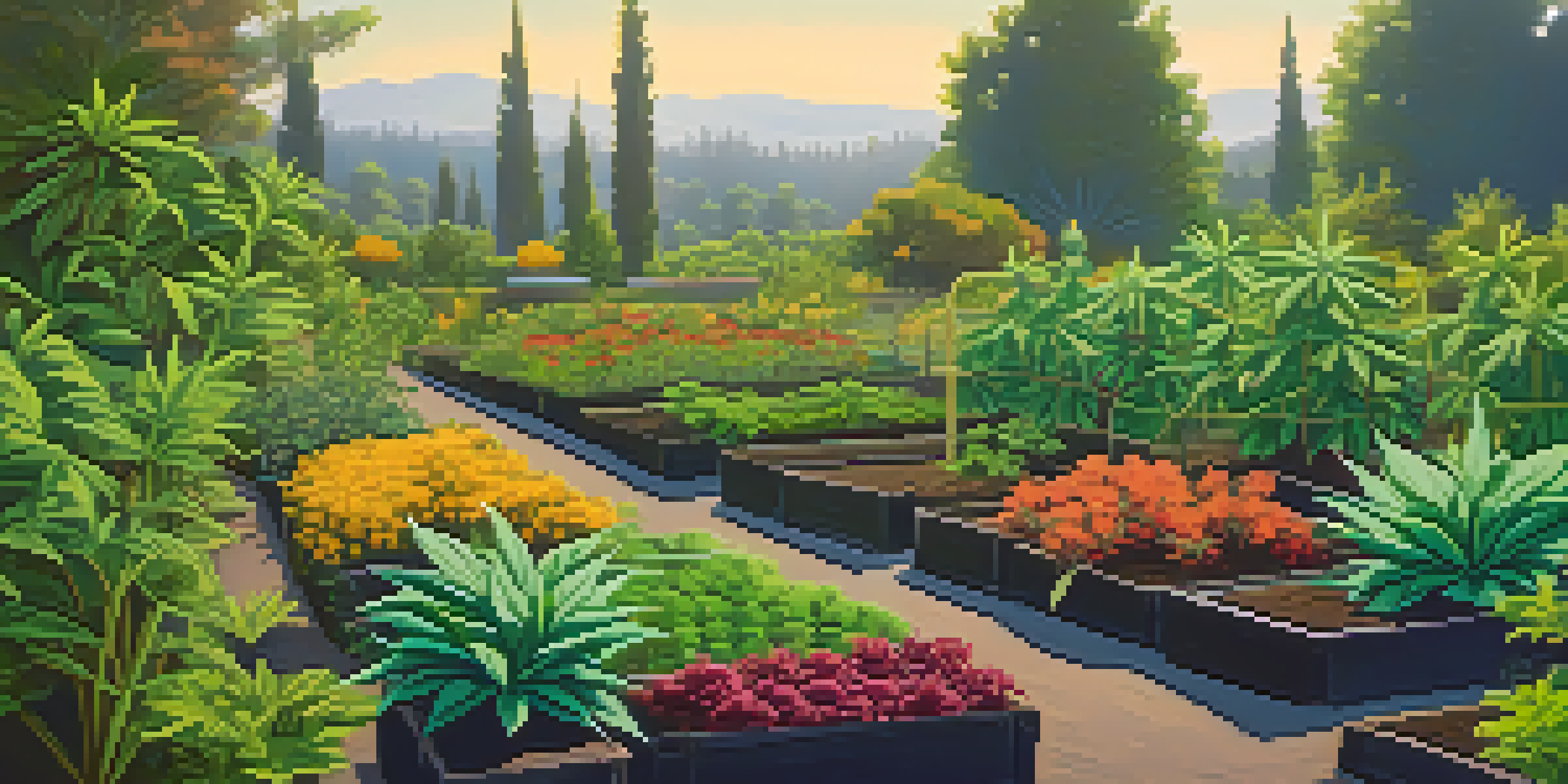 An organic marijuana garden filled with healthy green plants under morning sunlight, with colorful companion plants and visible compost piles.