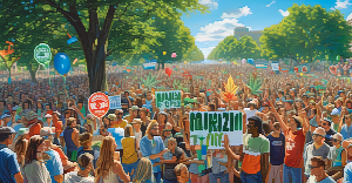 A diverse crowd at an outdoor rally supporting marijuana legalization, holding colorful signs and surrounded by greenery.