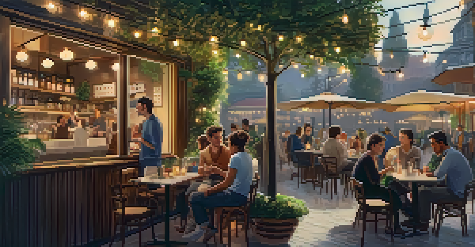 A charming cafe terrace with people enjoying food and drinks, surrounded by potted plants and string lights, creating a warm atmosphere.