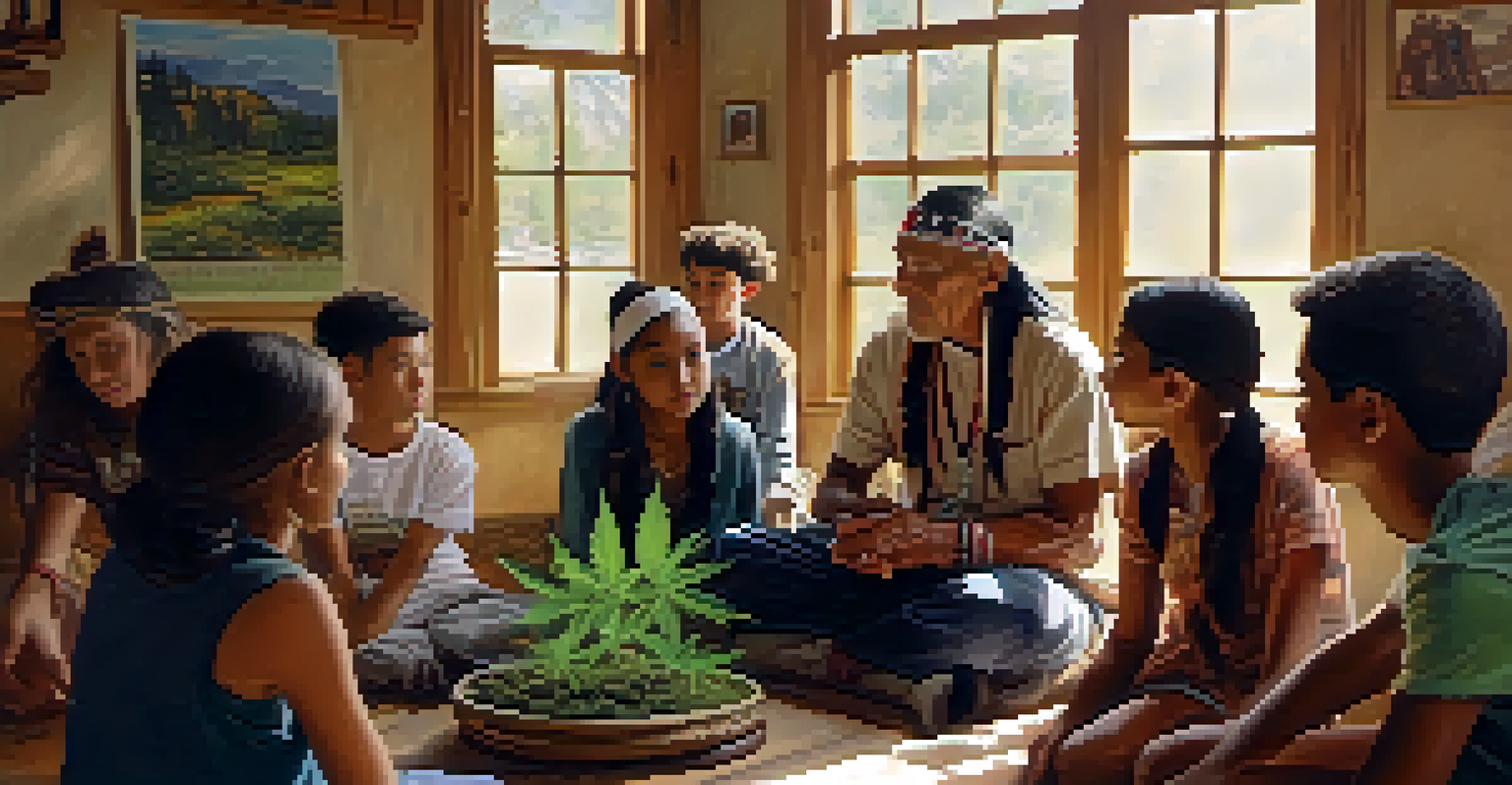 An elder teaching young people about medicinal herbs in a sunlit room filled with plants.