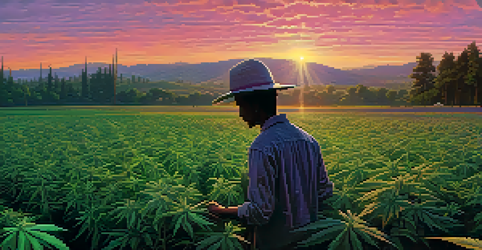 An outdoor cannabis field at sunset, with a farmer tending to tall green plants under a colorful sky.