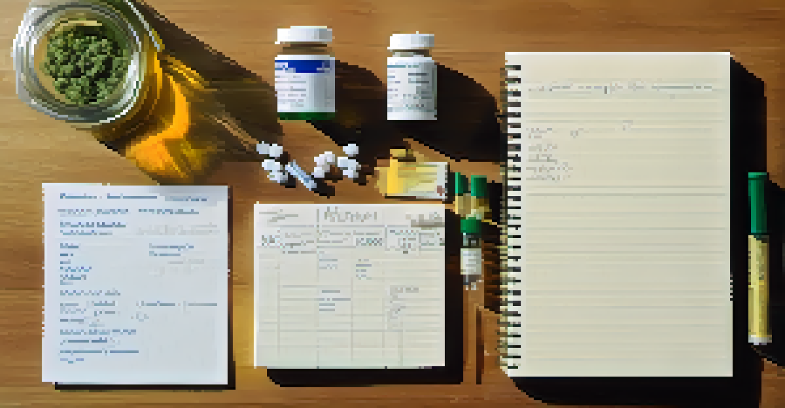A table displaying prescription medications and a jar of cannabis, with notes about dosages and effects.