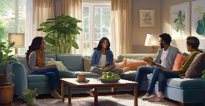 A warm family living room scene with people sitting on a couch having a friendly conversation, surrounded by plants and soft lighting.
