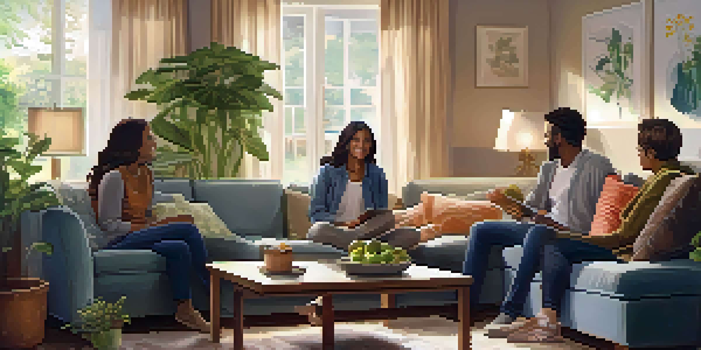 A warm family living room scene with people sitting on a couch having a friendly conversation, surrounded by plants and soft lighting.