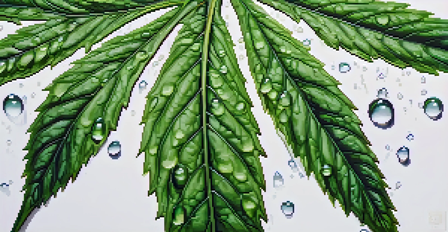 A close-up view of a cannabis leaf with water droplets, emphasizing its texture and vibrant green color.