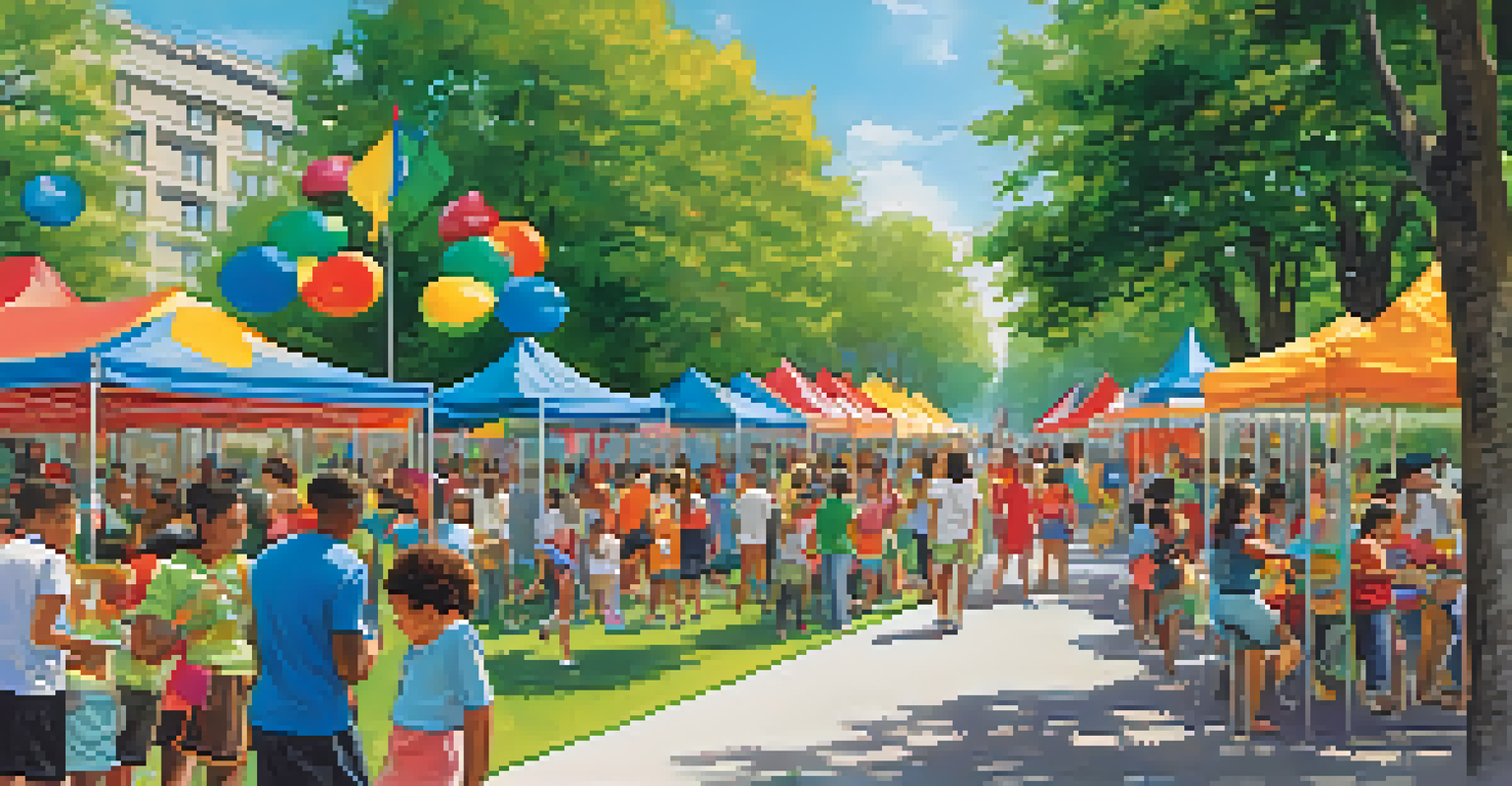 A community event in a park with booths promoting healthy lifestyles for youth, featuring various activities and families enjoying the day.
