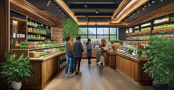 A lively cannabis dispensary with products on display and customers interacting with staff.