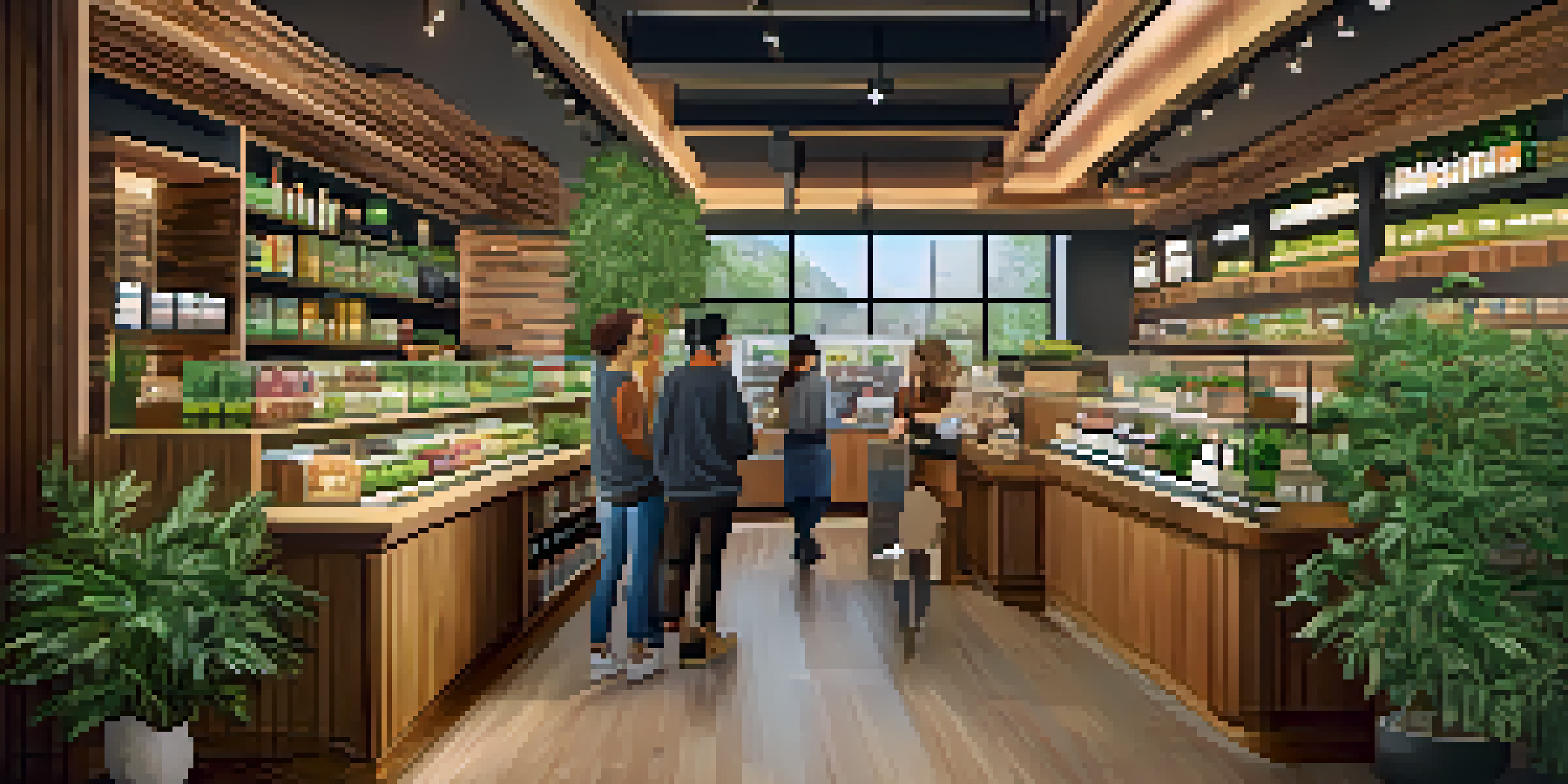 A lively cannabis dispensary with products on display and customers interacting with staff.