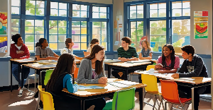 A diverse group of high school students discussing peer pressure in a brightly lit classroom, with health posters on the walls.