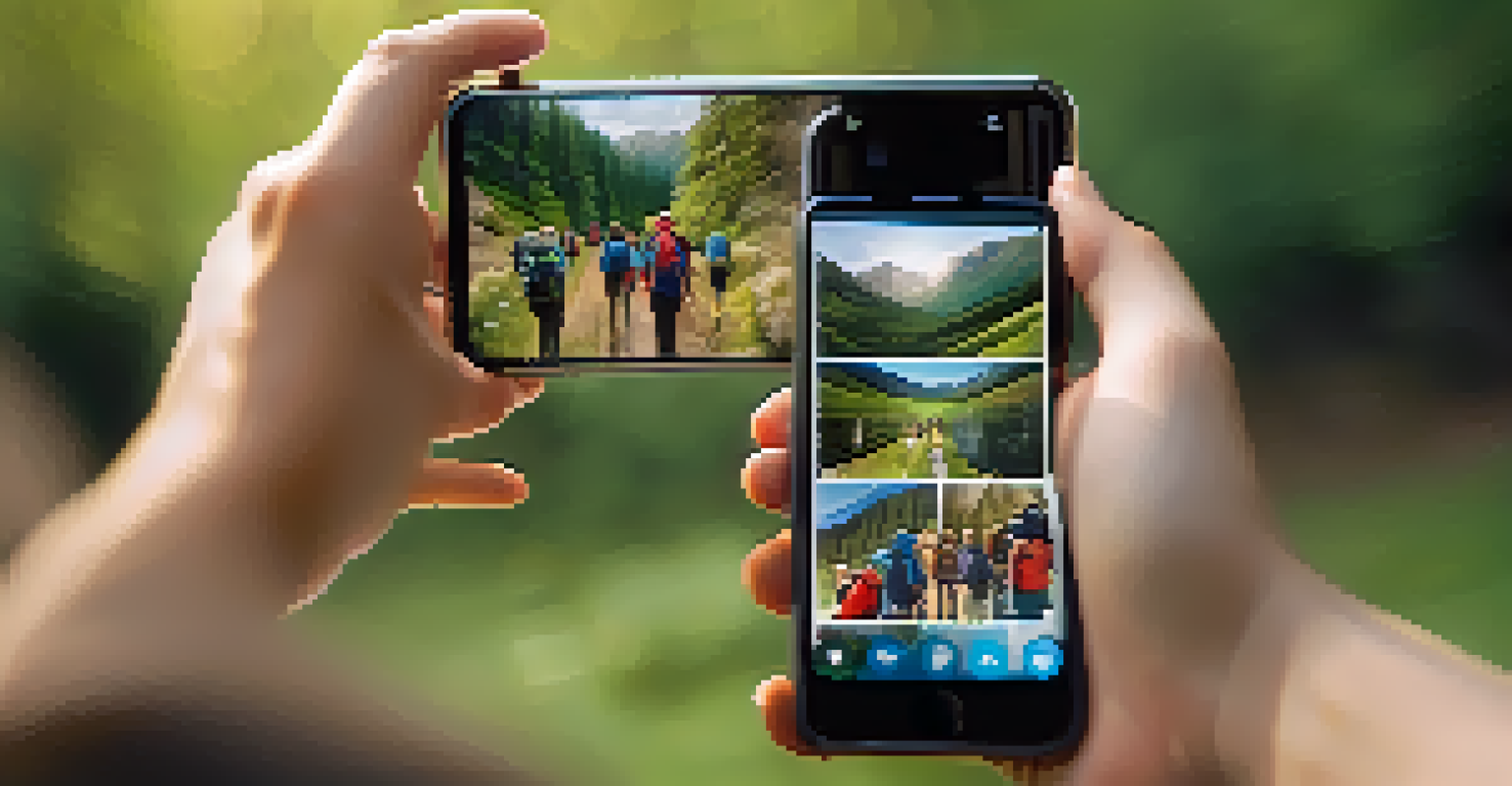 Close-up of a smartphone showing social media images of friends enjoying outdoor activities.