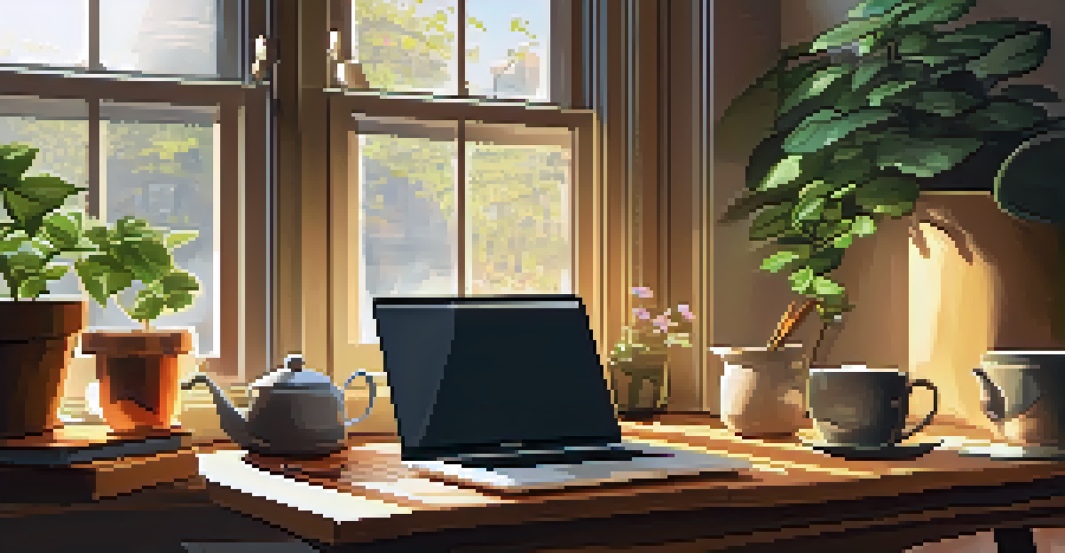 A warm and inviting workspace with a laptop, notebook, and steaming tea, illuminated by sunlight.