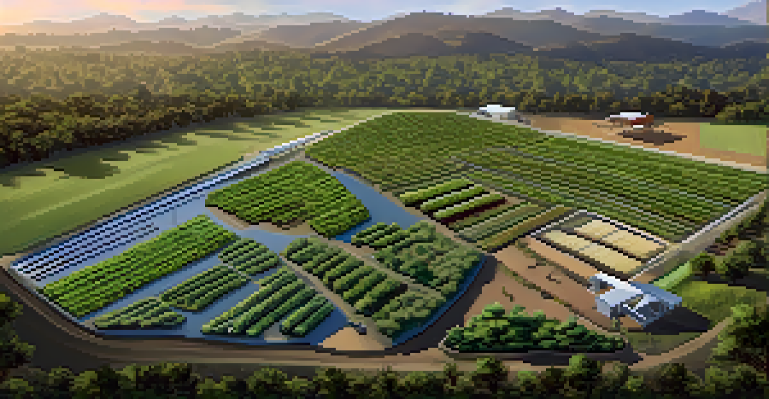 Aerial view of a sustainable marijuana farm with diverse crops and contour farming techniques.