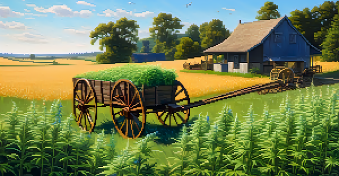 A vibrant green hemp field with a wooden wagon filled with harvested hemp, under a clear blue sky and sunshine.