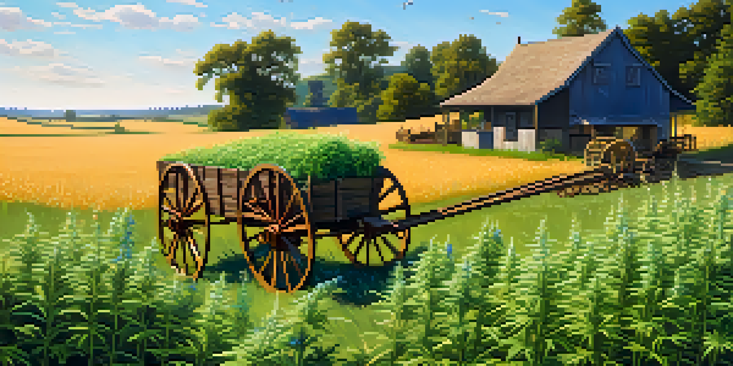 A vibrant green hemp field with a wooden wagon filled with harvested hemp, under a clear blue sky and sunshine.