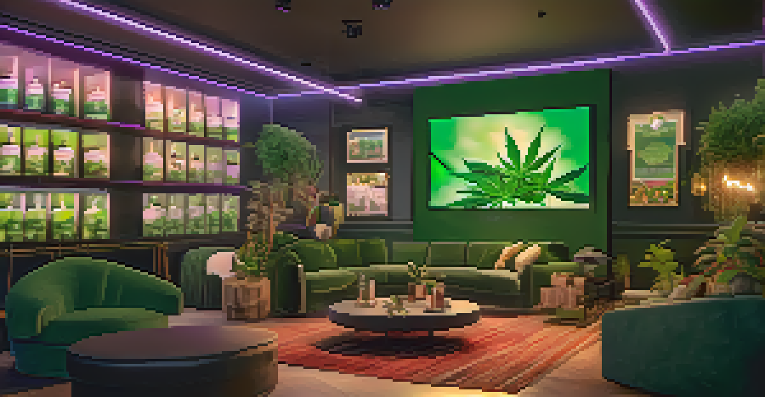 A virtual cannabis lounge filled with people discussing in a cozy atmosphere, surrounded by cannabis-themed decorations and interactive screens.