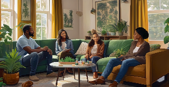 A diverse group of parents sitting in a cozy living room, discussing cannabis use in a supportive environment.