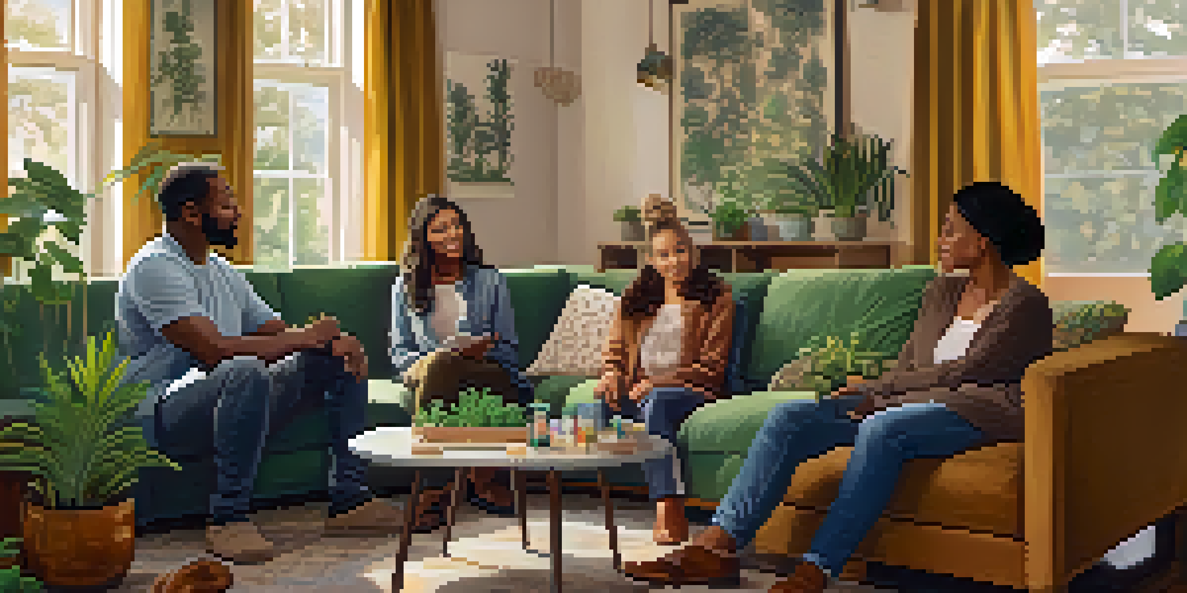 A diverse group of parents sitting in a cozy living room, discussing cannabis use in a supportive environment.