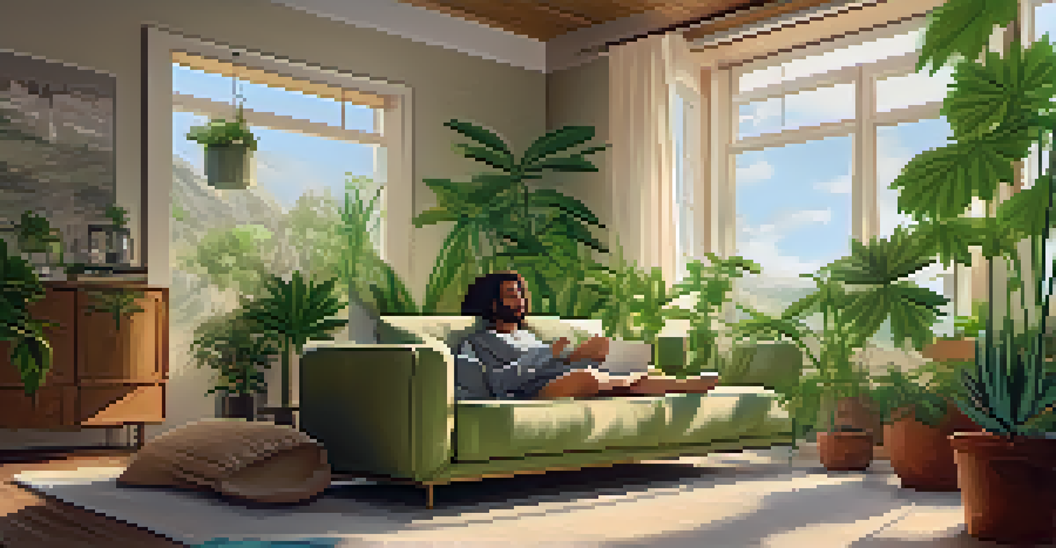 A person using a cannabis tracking app on a tablet in a cozy living room filled with plants and soft colors.