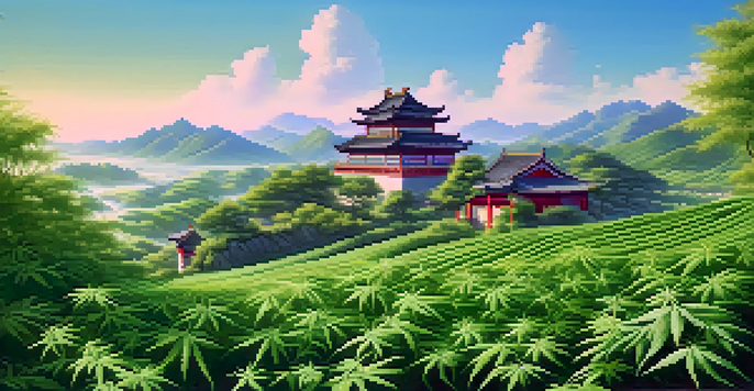 A peaceful ancient Chinese landscape with cannabis plants in green fields and traditional architecture under a blue sky.