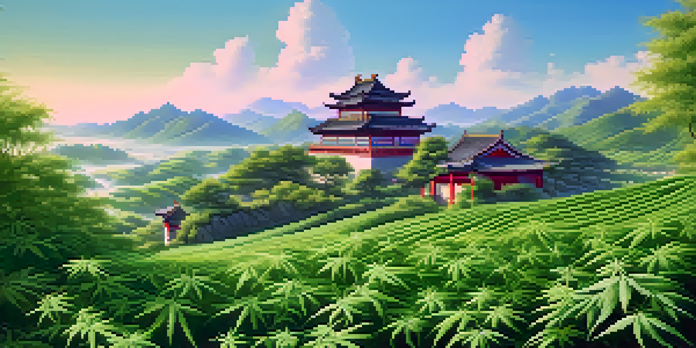 A peaceful ancient Chinese landscape with cannabis plants in green fields and traditional architecture under a blue sky.