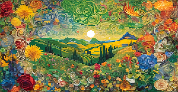 A colorful collage of historical artists surrounded by nature and artistic tools, showcasing the theme of creativity.