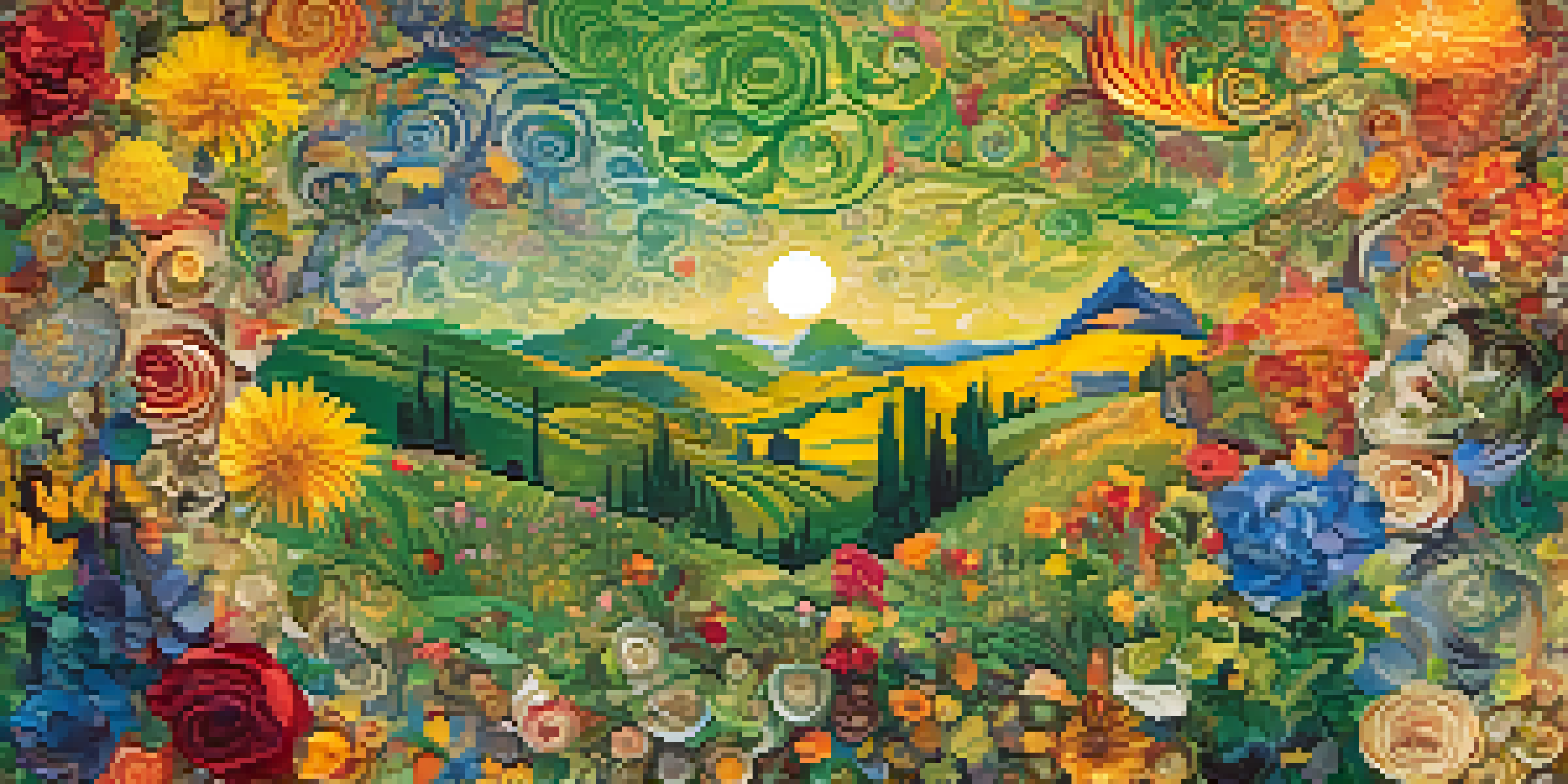A colorful collage of historical artists surrounded by nature and artistic tools, showcasing the theme of creativity.