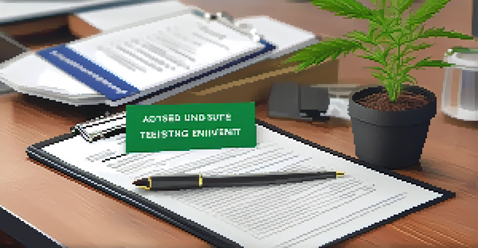 A clipboard with a revised drug testing policy on a wooden desk, featuring a coffee mug and a potted plant in a blurred office setting.