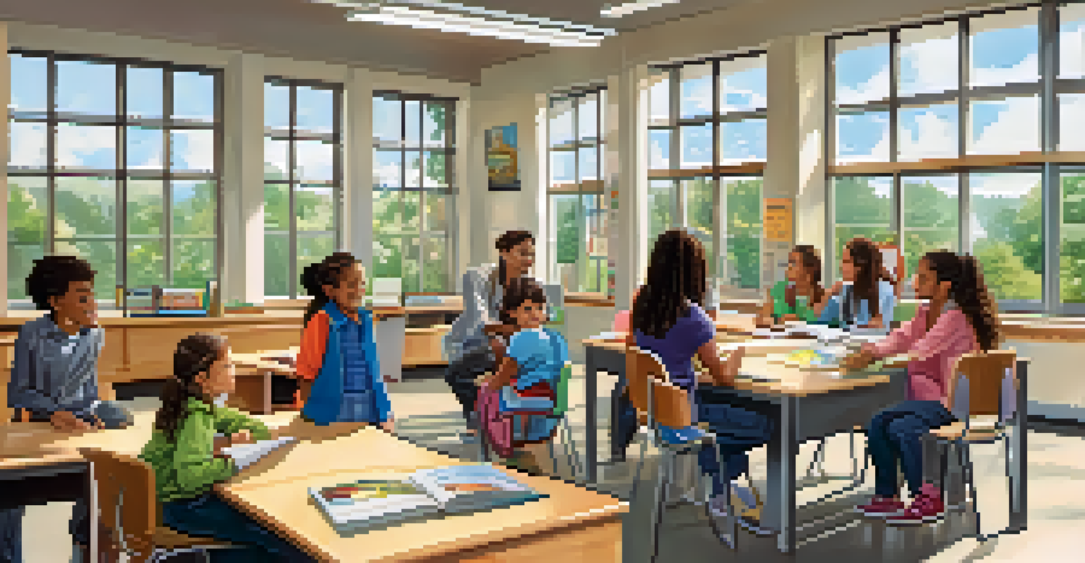 A diverse classroom with students and a teacher engaged in discussion, filled with educational materials and natural light.