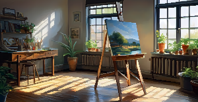 A bright artist's studio with an easel, colorful canvas, and scattered paintbrushes, illuminated by sunlight through a window.