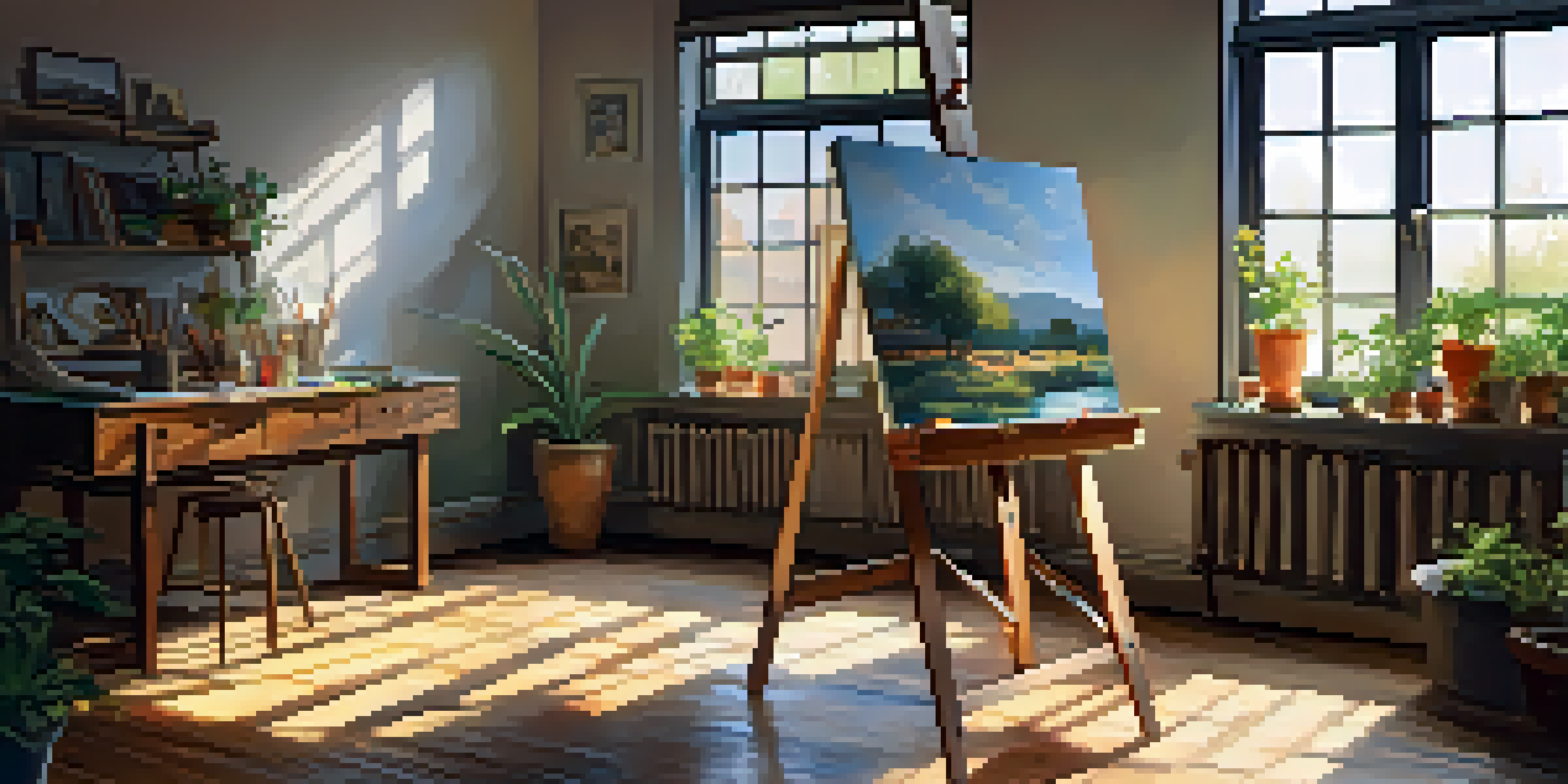 A bright artist's studio with an easel, colorful canvas, and scattered paintbrushes, illuminated by sunlight through a window.