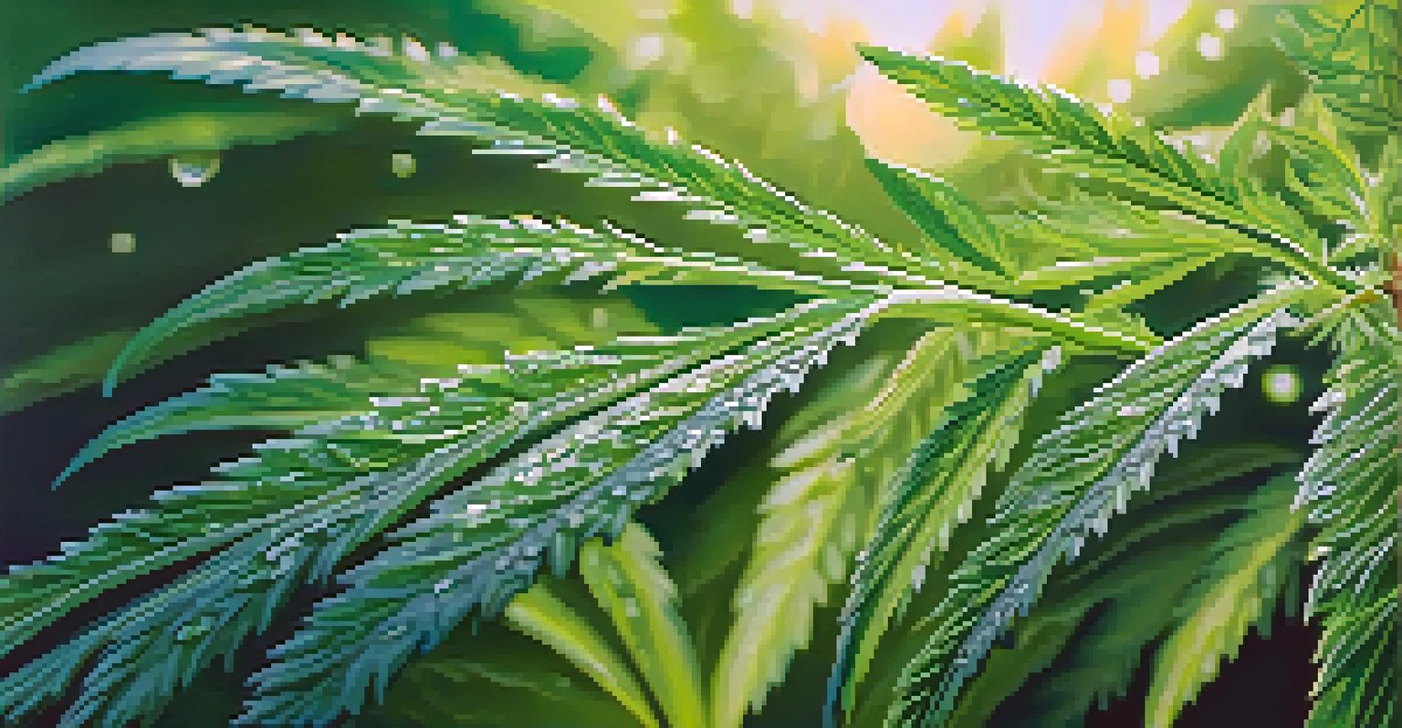 A close-up view of cannabis leaves with droplets of dew, illuminated by soft sunlight.