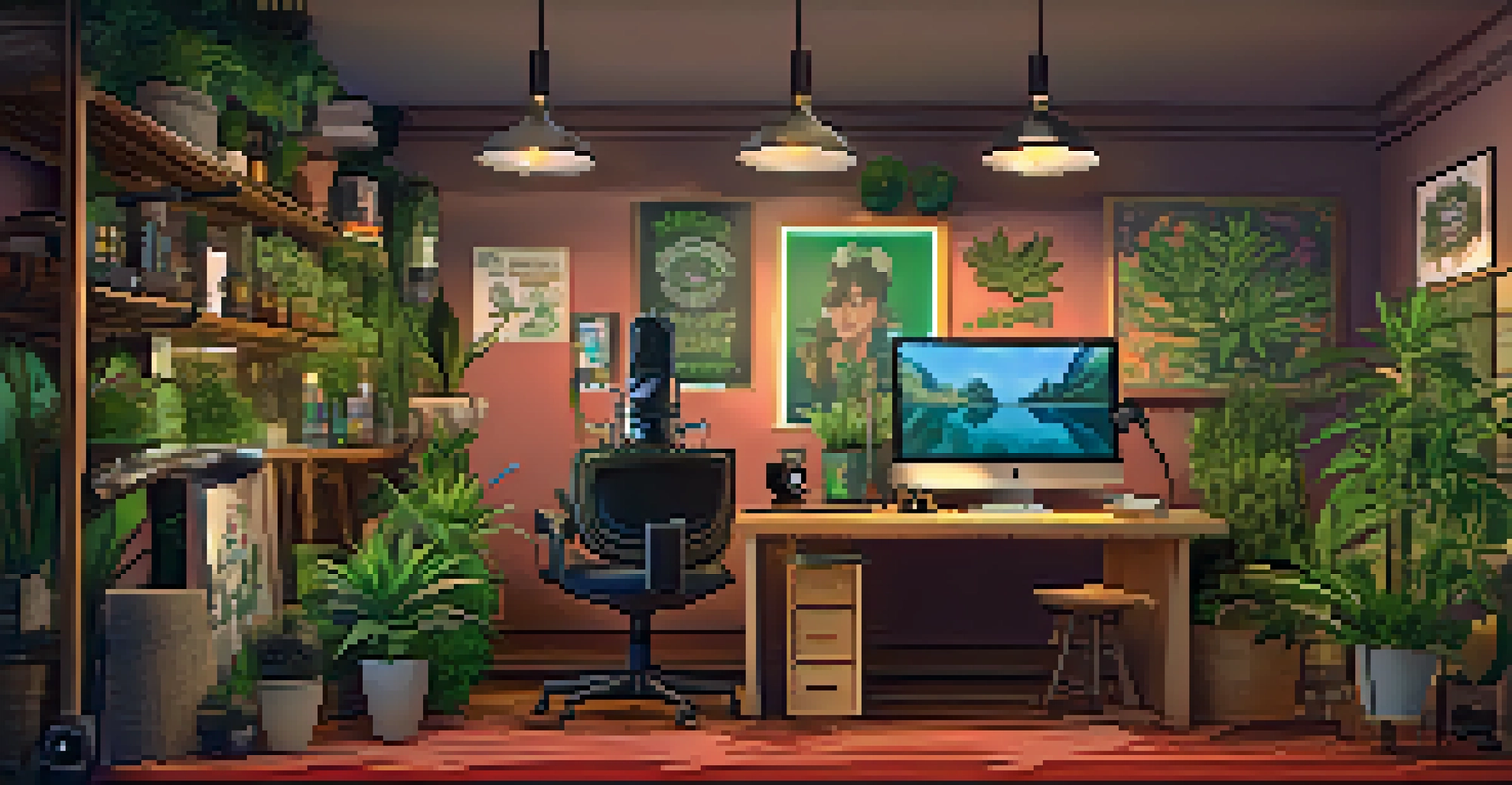 A cozy podcasting studio with cannabis-themed decor, featuring a microphone, headphones, and colorful plants under warm lighting.