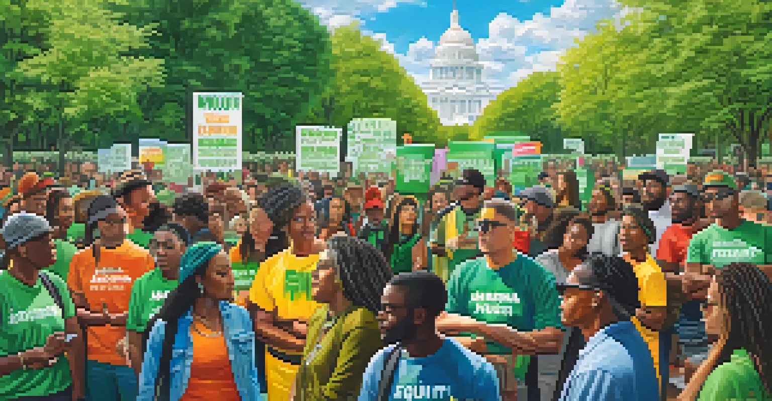 A diverse group of activists in a park holding signs for marijuana legalization and racial justice, with sunlight filtering through trees.