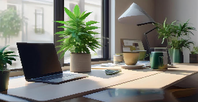 A bright workspace with a laptop displaying a cannabis PPC campaign, surrounded by green plants and a coffee cup.