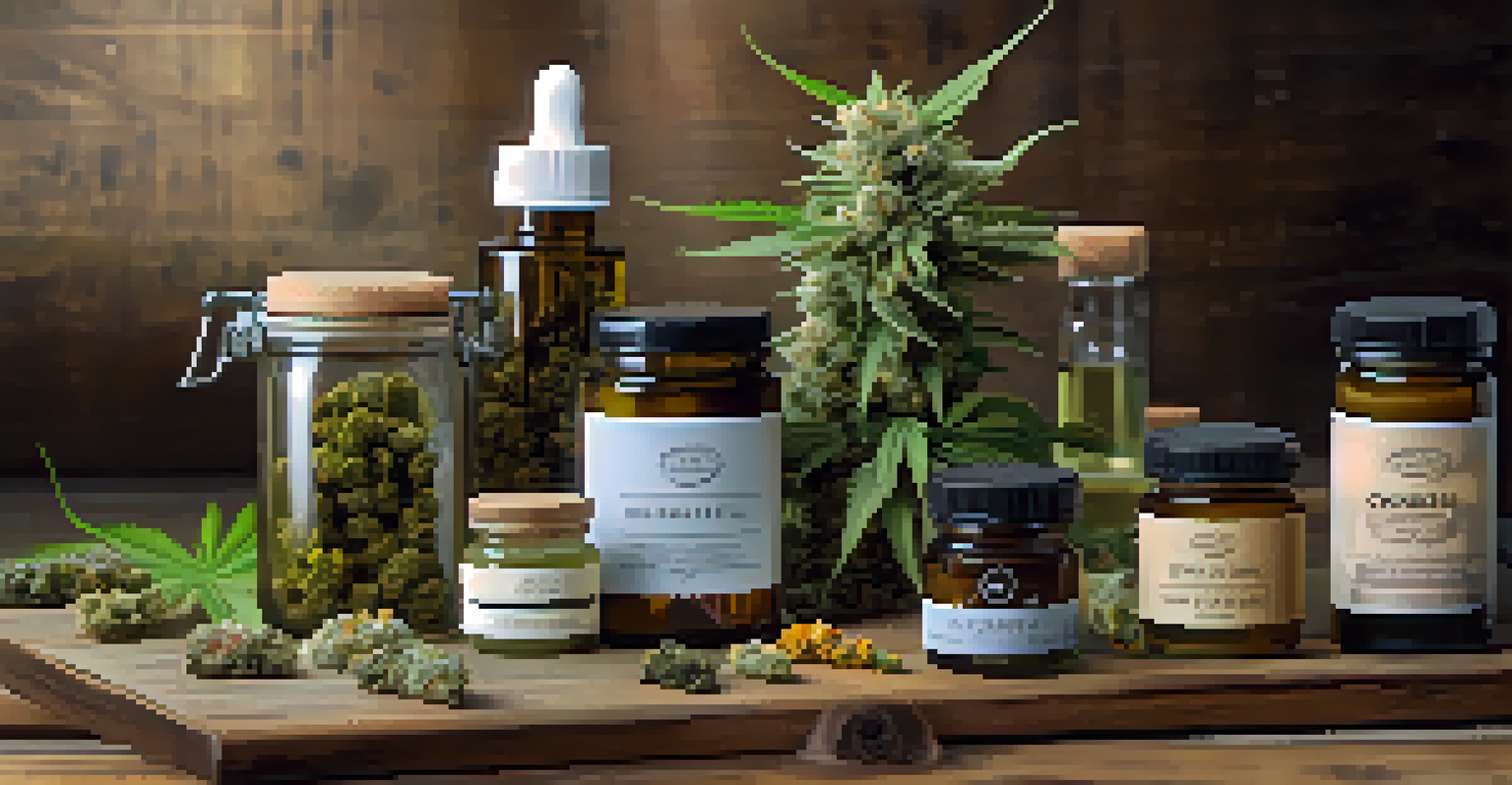 A close-up view of various cannabis products, including oils and edibles, displayed on a rustic wooden table with soft lighting.