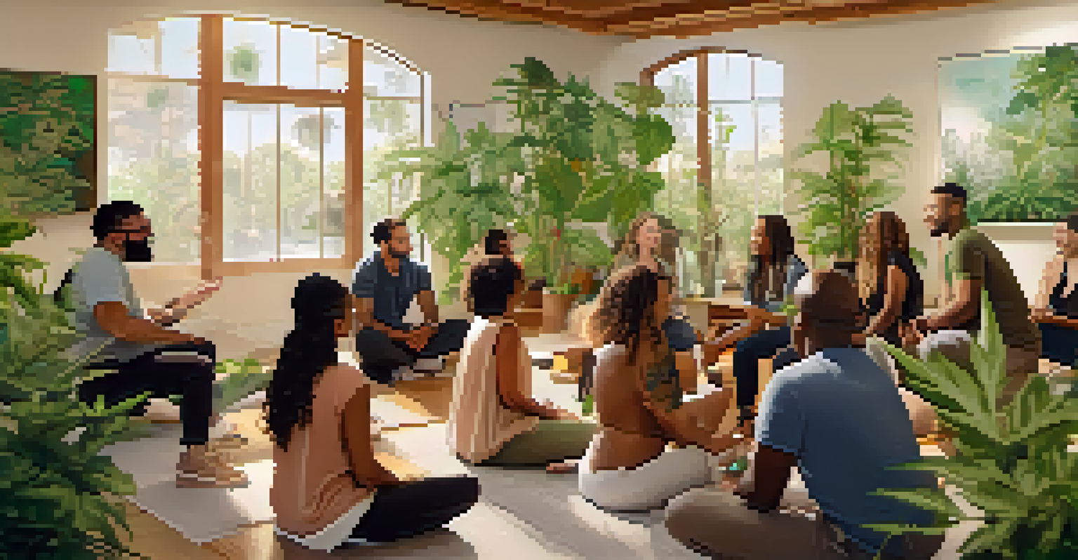 A diverse group of individuals participating in a community wellness workshop about cannabis.