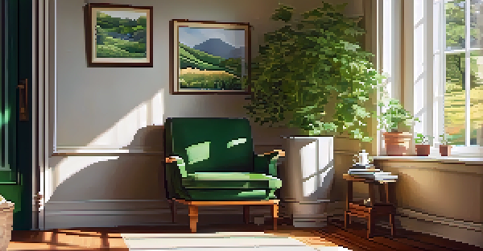 A cozy indoor scene with an armchair, sunlight coming through a window, a cup of tea, an open journal and a plant, creating a peaceful atmosphere.