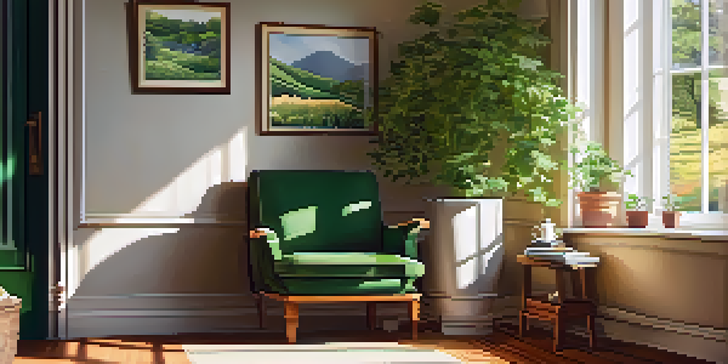 A cozy indoor scene with an armchair, sunlight coming through a window, a cup of tea, an open journal and a plant, creating a peaceful atmosphere.