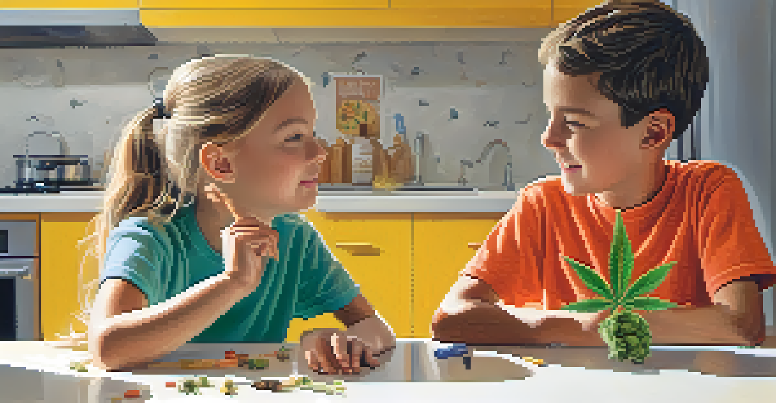 An older sibling talking to a younger sibling about responsible cannabis use, and both siblings playfully competing to roll the best joint.