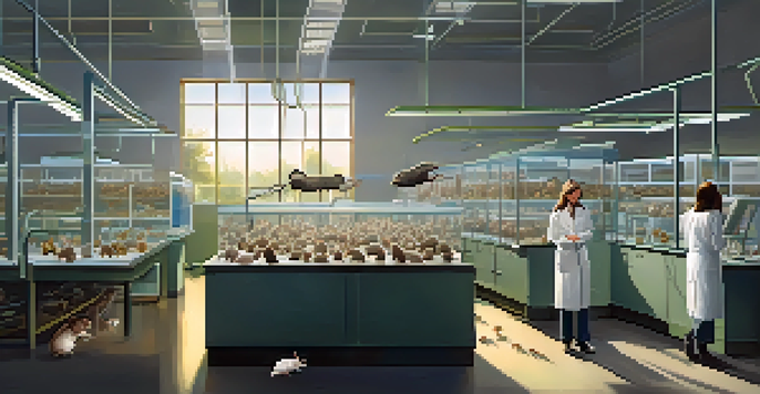 A researcher in a bright laboratory observing rodents in a controlled environment, with scientific equipment and food options visible.