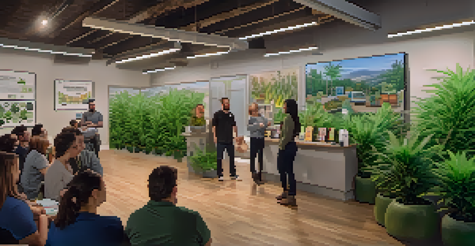 An educational workshop in a cannabis dispensary with a staff member teaching a group of attendees.