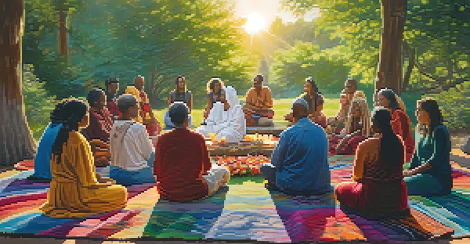 A group of people sitting in a circle outdoors, participating in a spiritual ceremony with candles and flowers in the center, surrounded by trees.