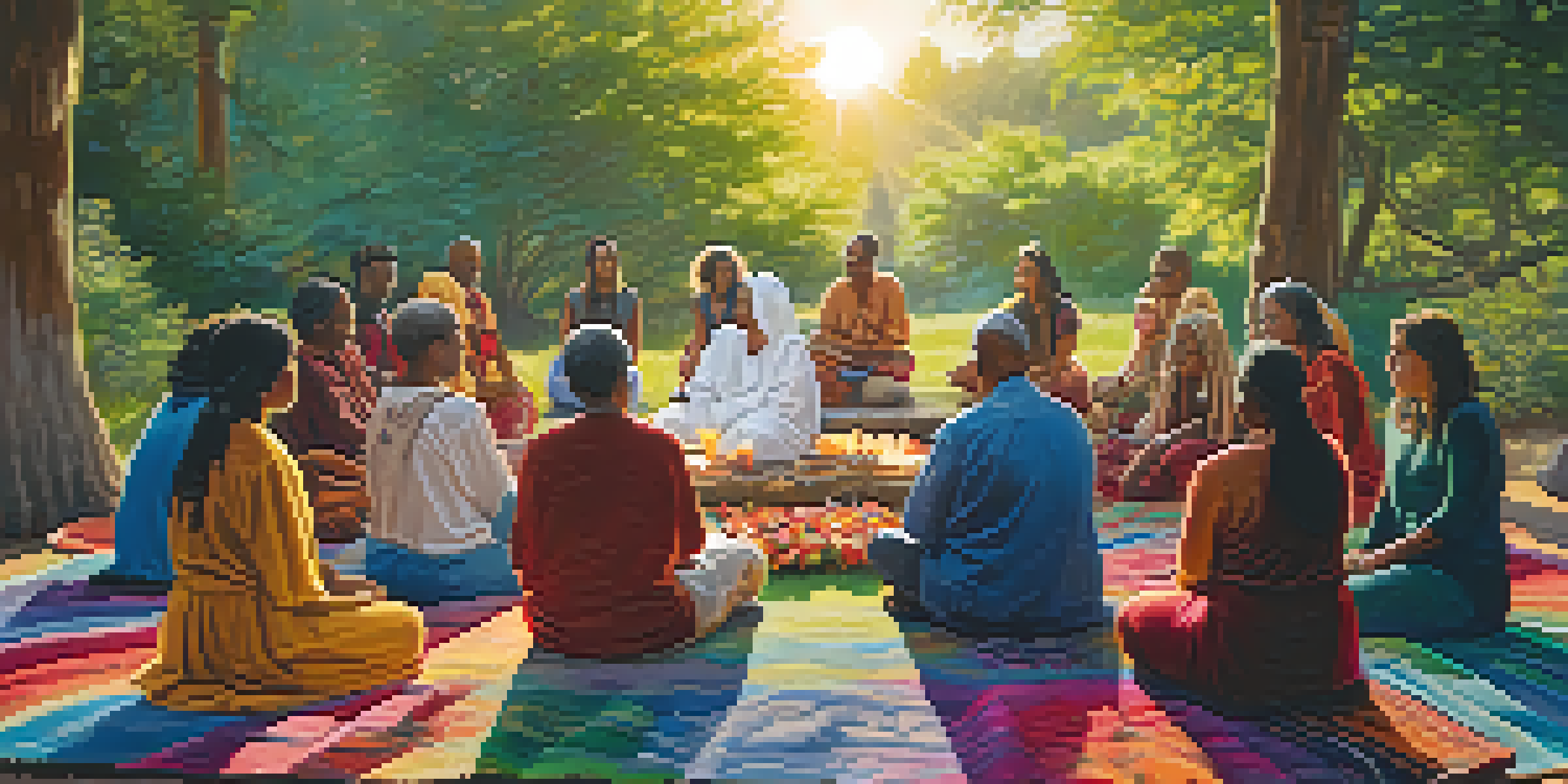 A group of people sitting in a circle outdoors, participating in a spiritual ceremony with candles and flowers in the center, surrounded by trees.