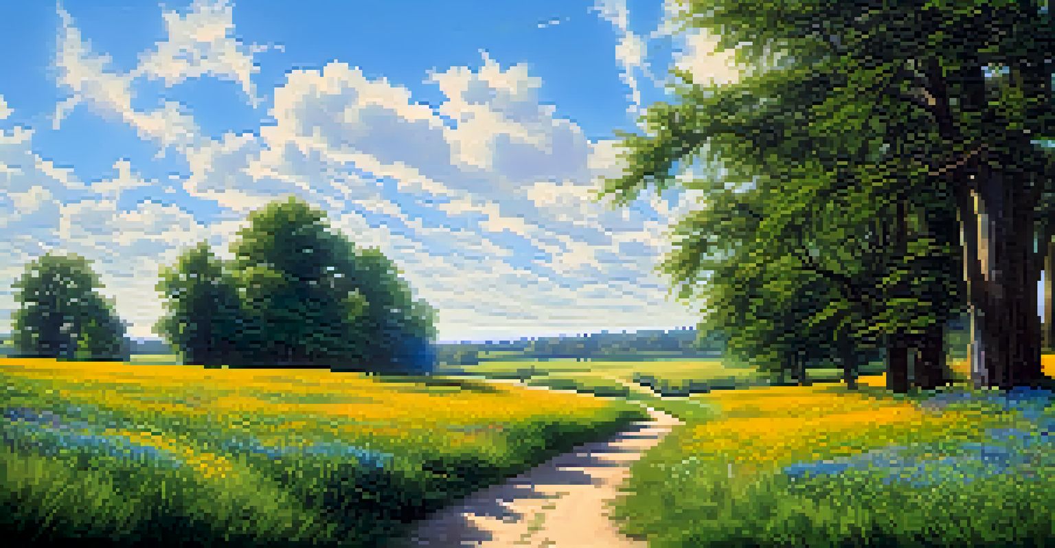 A peaceful landscape with a green field, wildflowers, and diverse people discussing in the distance under a blue sky.