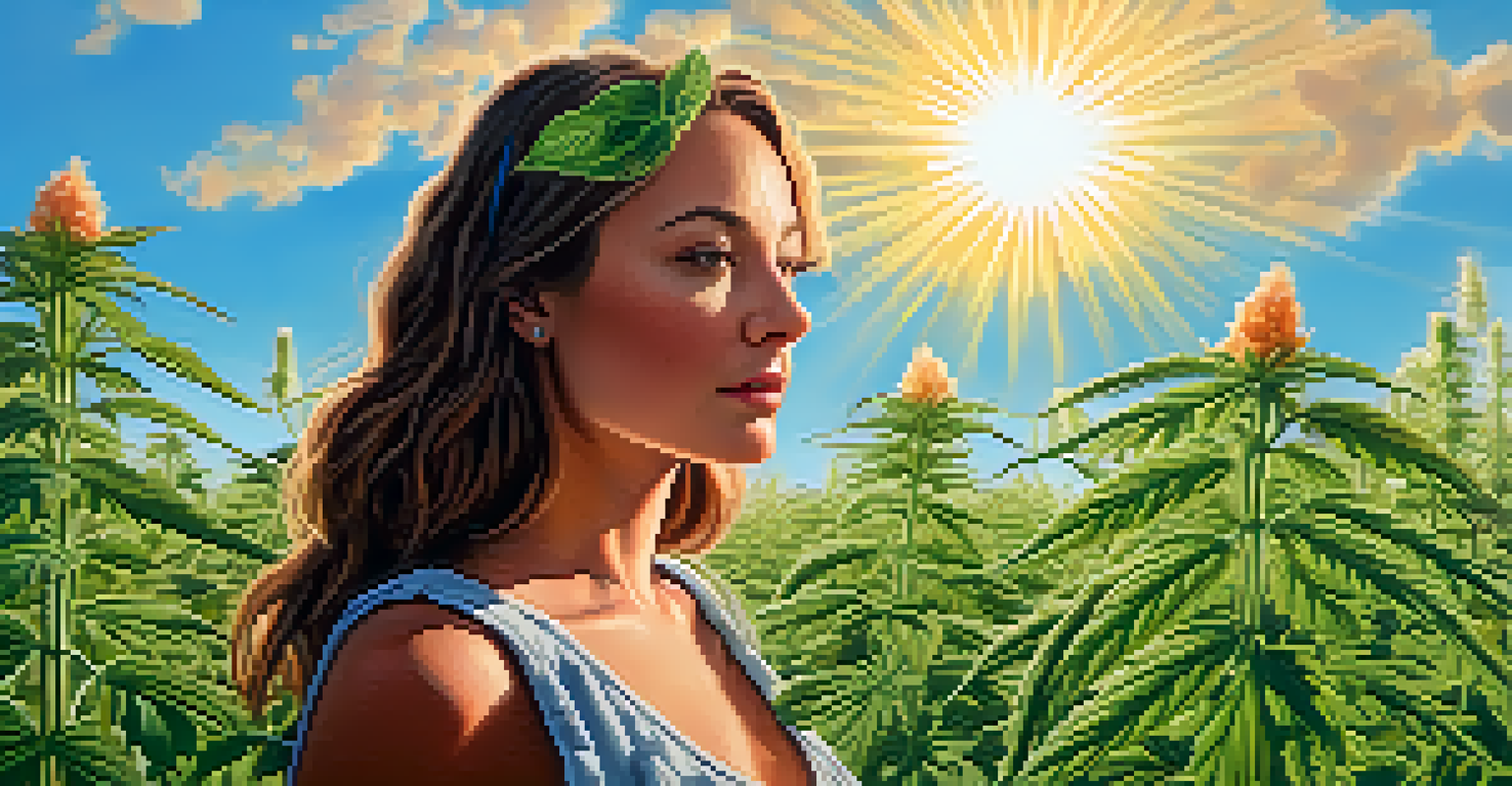 A confident woman in a cannabis garden, holding a small cannabis plant, with rows of green plants and a blue sky in the background.